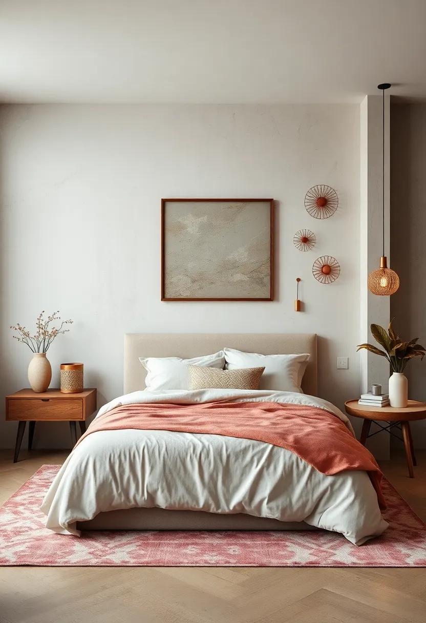 Soft Pastel Bedroom Accented With Delicate Copper Metal Wall Decorations Adding Warmth