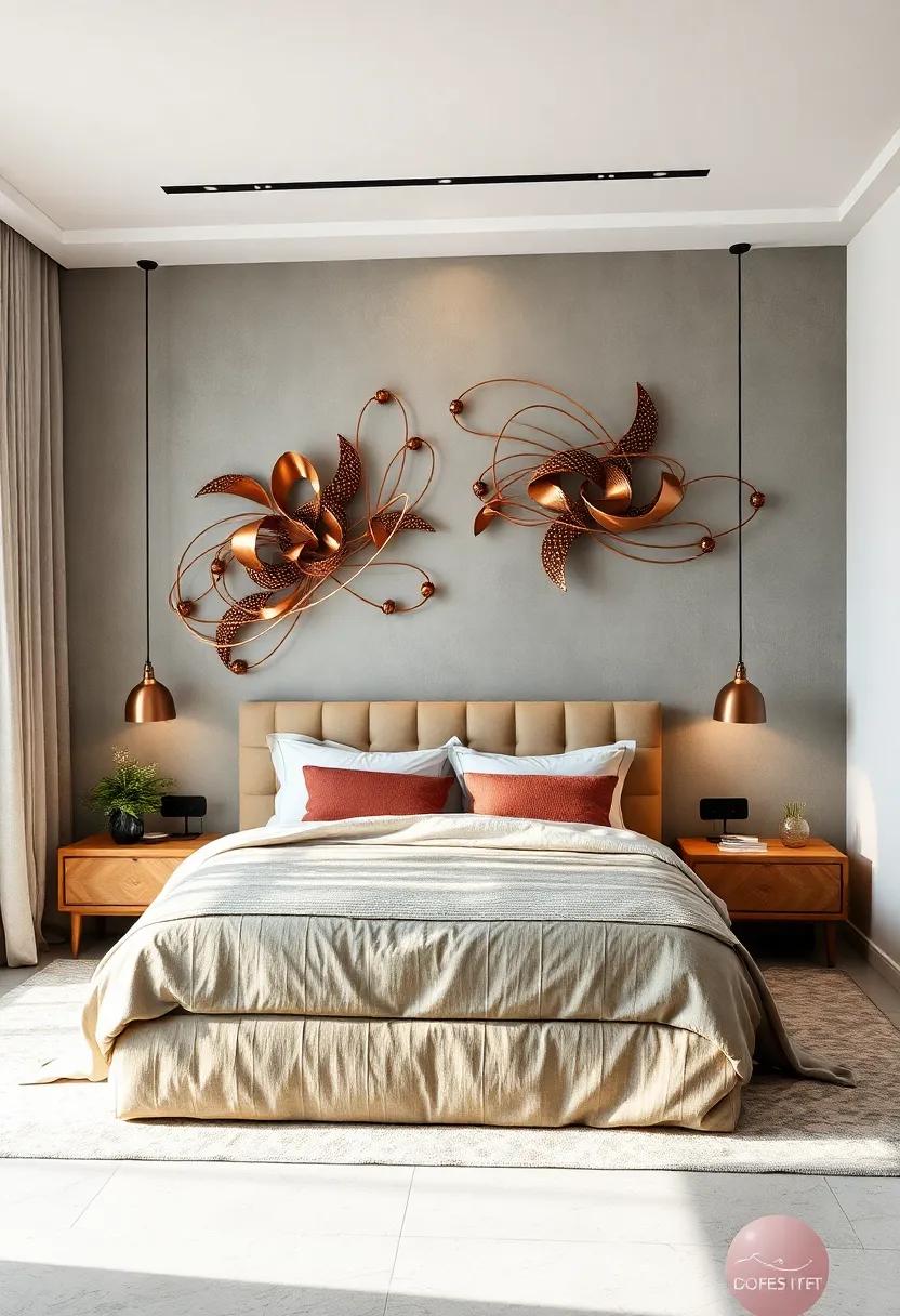 Vibrant Abstract Metal Wall Art Creating a Dynamic Focal Point in a Monochrome Bedroom