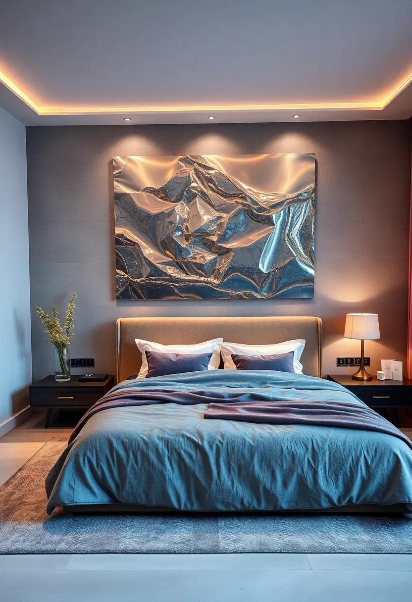 Glamorous Bedroom Designs Accentuated By Polished Stainless Steel Wall Art Reflecting Light