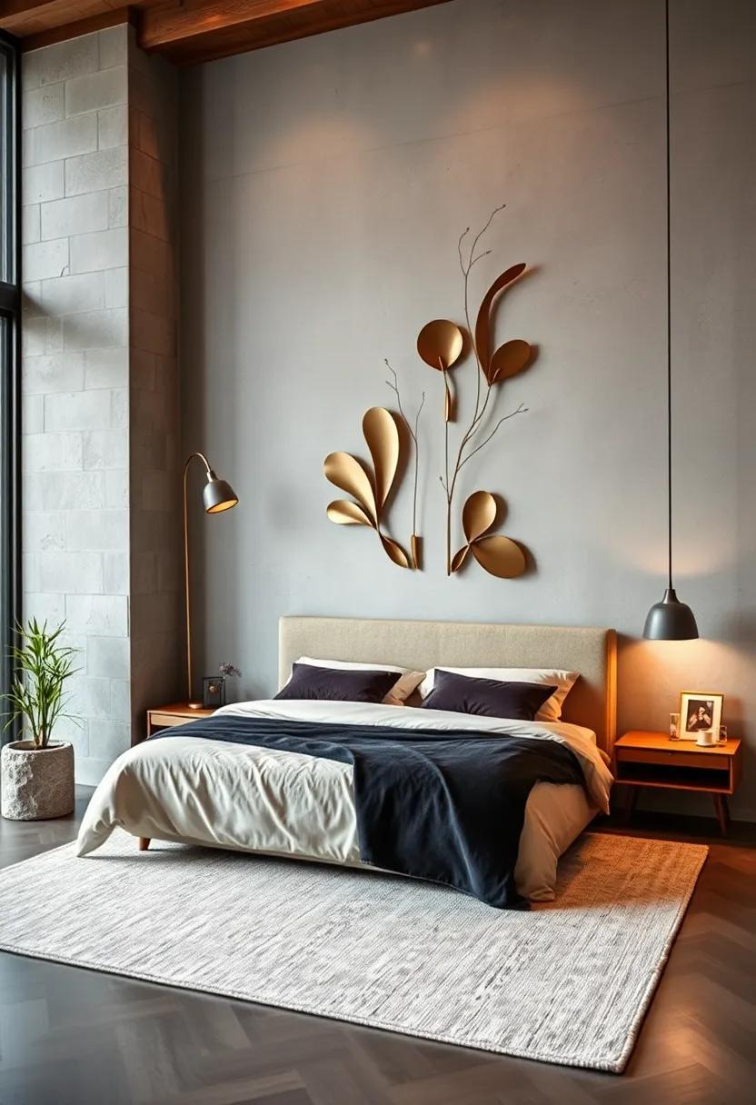 Mid-Century modern Bedroom Enhanced By Curved and Angular metal Wall Art Sculptures