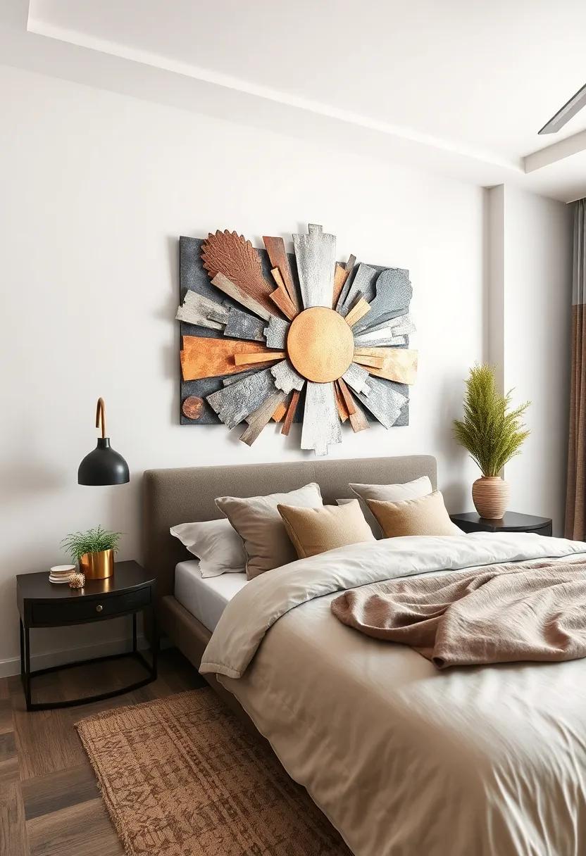 Eclectic Bedroom Decor Featuring mixed-Metal Wall Art Blending Copper, Silver, and Bronze