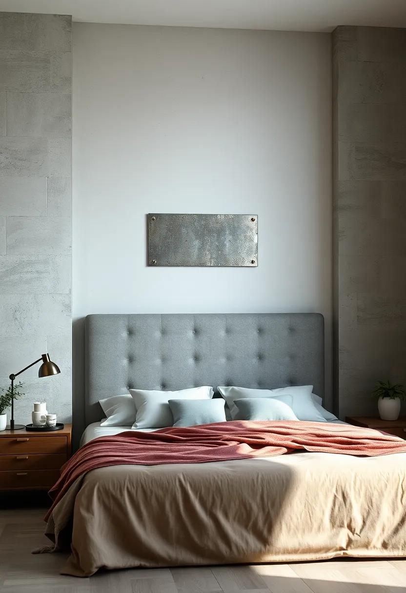 Rustic Charm Meets Modern Edge Through Distressed Metal Wall Art Over a Cozy Bed Frame