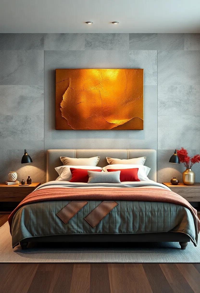Warm Metallic Tones in Textured Wall Art Framing the bed for a Comfortable Inviting Feel