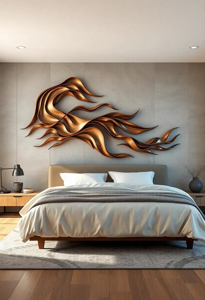 Organic Metal Wall Forms Evoking Flowing Water and Wind Patterns in a Tranquil Bedroom Setting