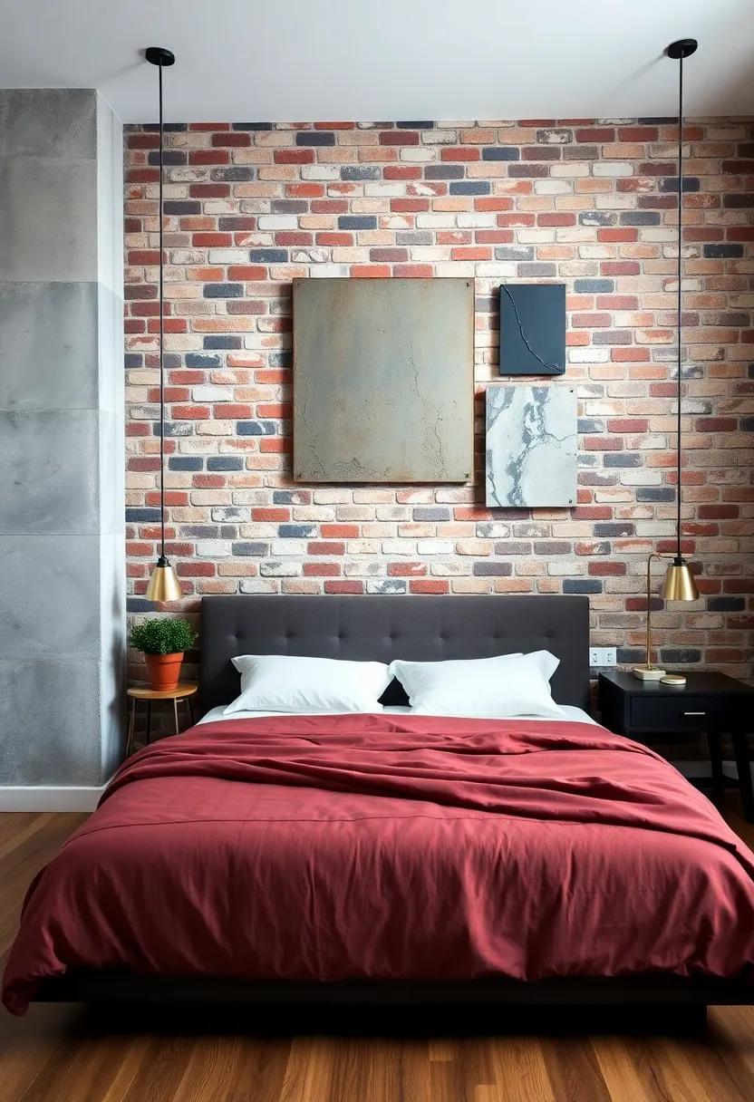 Contemporary industrial Bedroom Showcasing Geometric Metal Wall pieces Against Exposed Brick