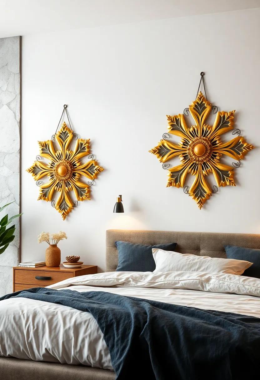 Luxurious Bedroom Setting Featuring Gold-Toned Metal Wall Hangings with Ornate Detailing