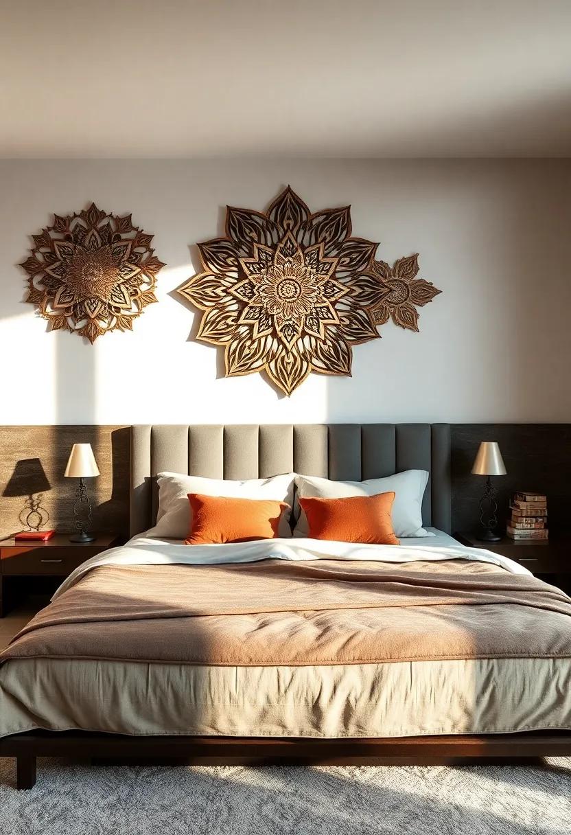 Oversized Metal Wall Mandalas Creating a Meditative and Artistic Feature Behind the Bed