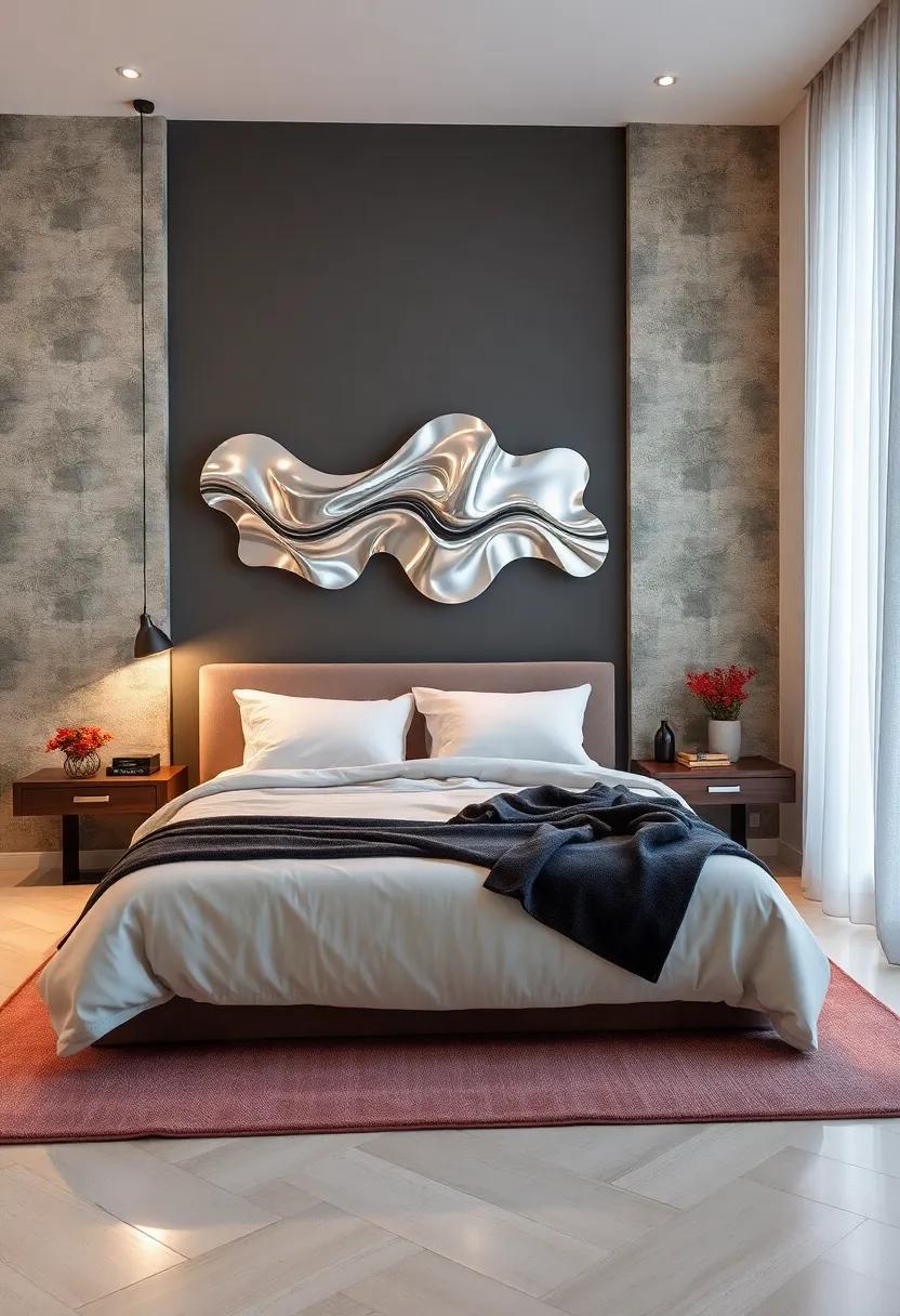Bright Bedroom Spaces Illuminated By Reflective Silver Wall Art Pieces with Fluid Shapes