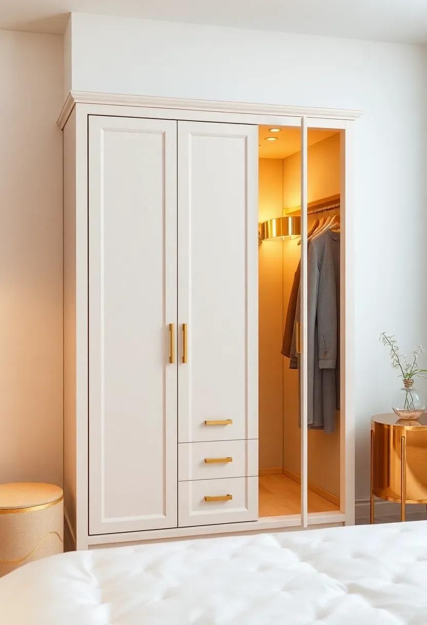 Glamorous Gold Accents:‍ Elevate your bedroom’s⁣ elegance with a‍ wardrobe adorned ​in gold ‌hardware and a built-in mirror, ‍adding a luxurious ​touch to⁣ your everyday routine