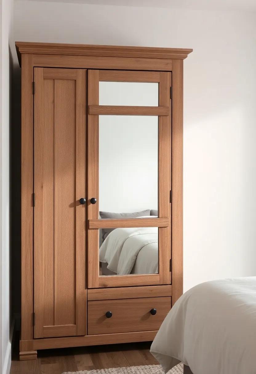 Rustic Charm: Embrace a farmhouse aesthetic with a wooden wardrobe that boasts a distressed‌ finish and an integrated mirror framed in reclaimed⁢ wood for an eco-friendly touch