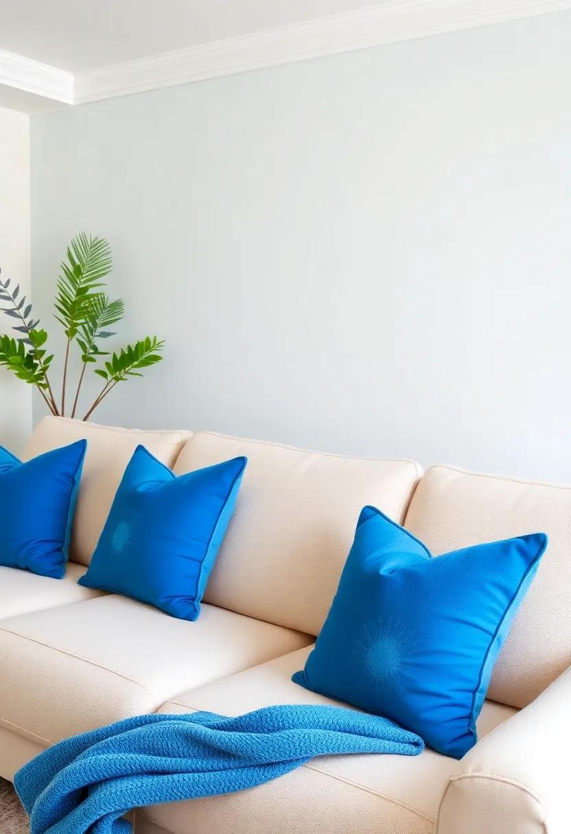 Embrace⁤ Coastal​ Charm: Use a light beige‌ sofa paired with vibrant blue throw ⁤pillows⁢ to evoke a soothing​ seaside‌ vibe