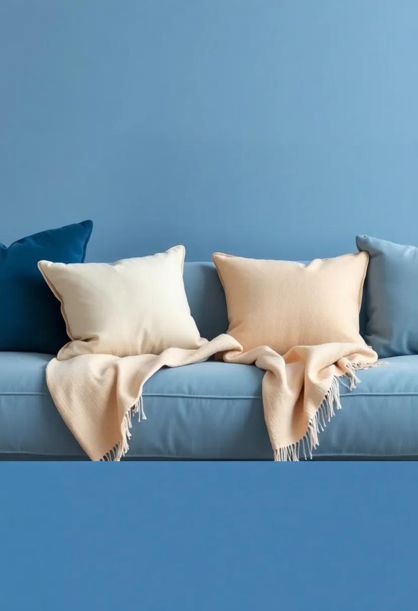 Layered Textures: Combine blue velvet cushions with‍ beige linen throws for a cozy, inviting look