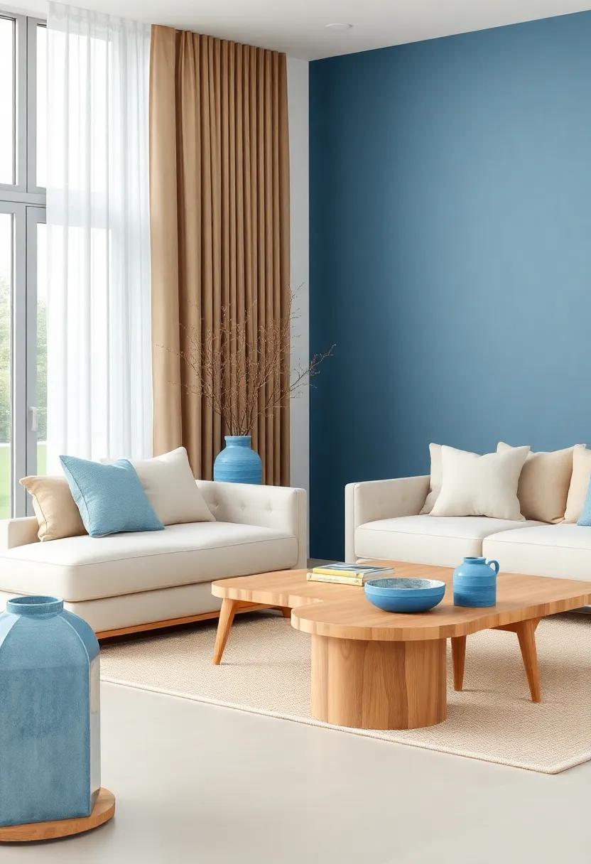 Natural elements: Incorporate wooden furniture‌ with beige finishes alongside blue​ ceramic accents ‍to enhance balance
