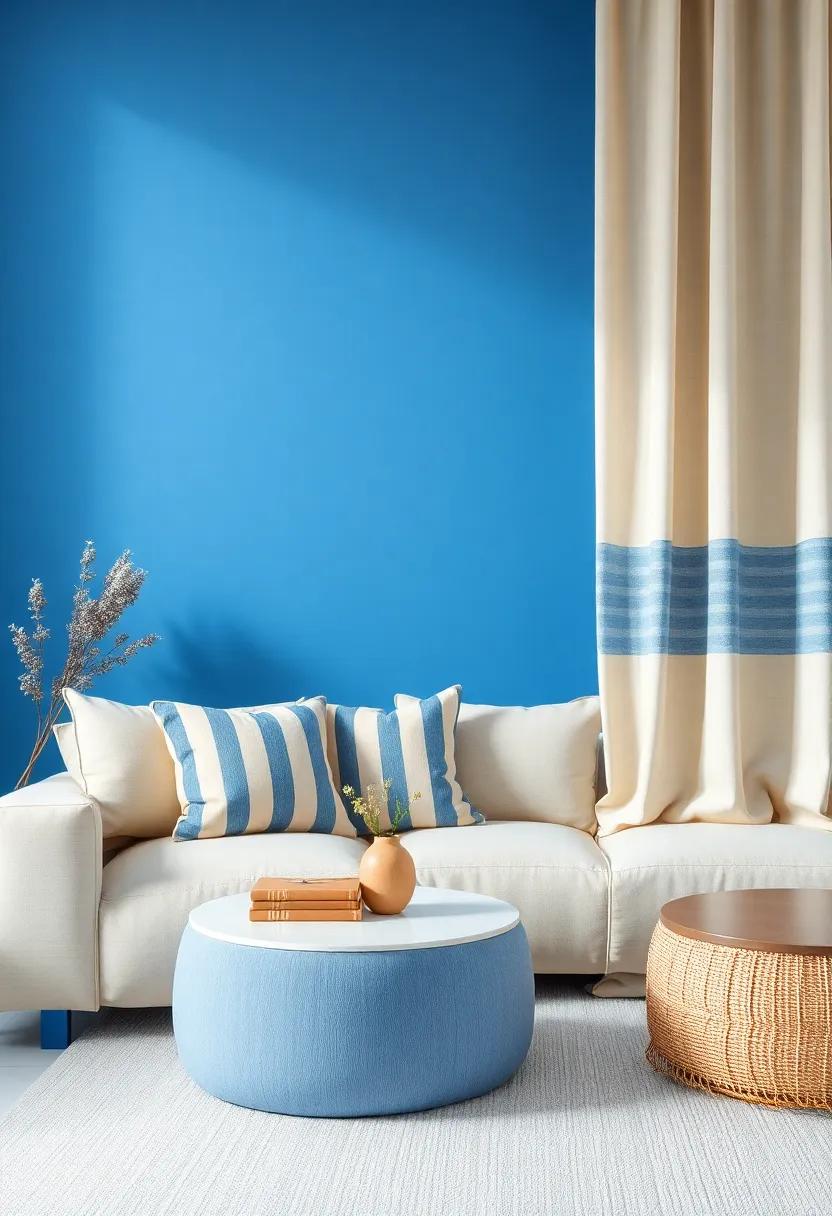 Play with Patterns: ‌Use⁢ striped blue and beige fabric for curtains or cushions to add visual interest and ​movement