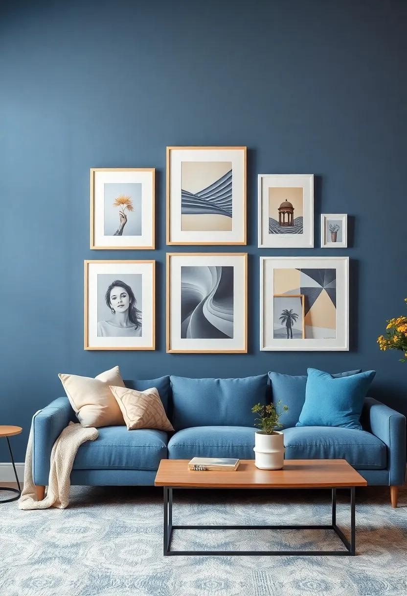 Gallery Wall: Create a gallery wall featuring a ‍mix of blue and beige frames with‍ photos and art pieces for a personalized touch