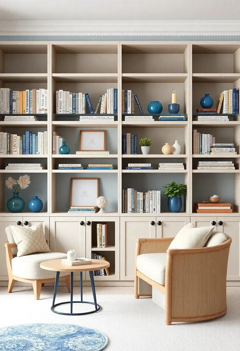 Bookshelves Reimagined: Paint or style your bookshelves with blue and beige decor‍ items to⁤ showcase your ⁣favorite ​reads creatively