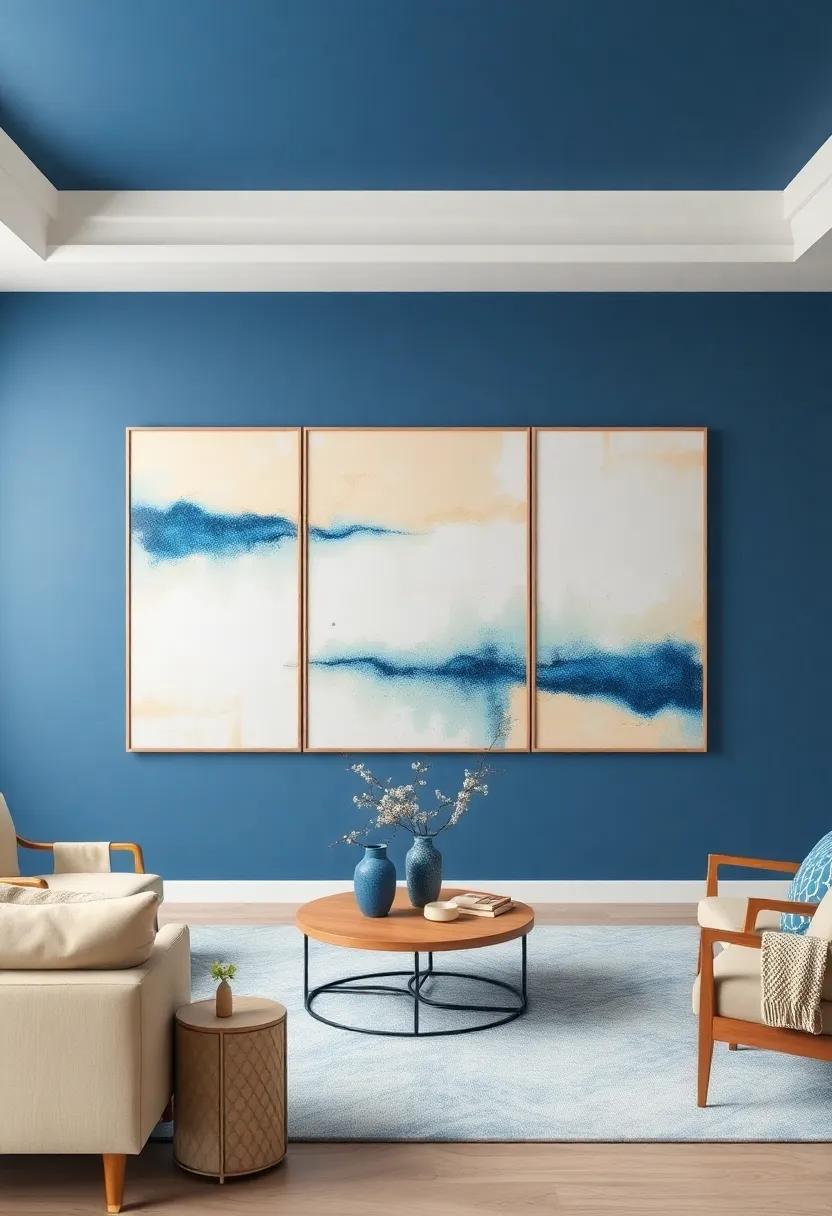 Vibrant Artwork: Hang oversized blue and beige paintings that can dominate the space⁢ and⁣ command attention
