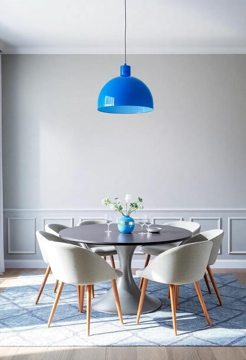 statement Blue Lighting: Install an eye-catching‌ blue pendant light fixture ‍above the dining table to illuminate⁢ the space and serve as a⁢ focal ⁤point