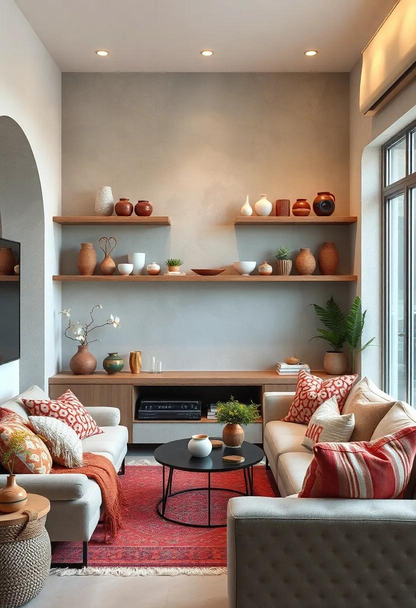 Boho-Inspired Ceramics⁤ and Pottery Displayed on Floating Shelves to Enhance ⁤Artistic ‌Soulfulness