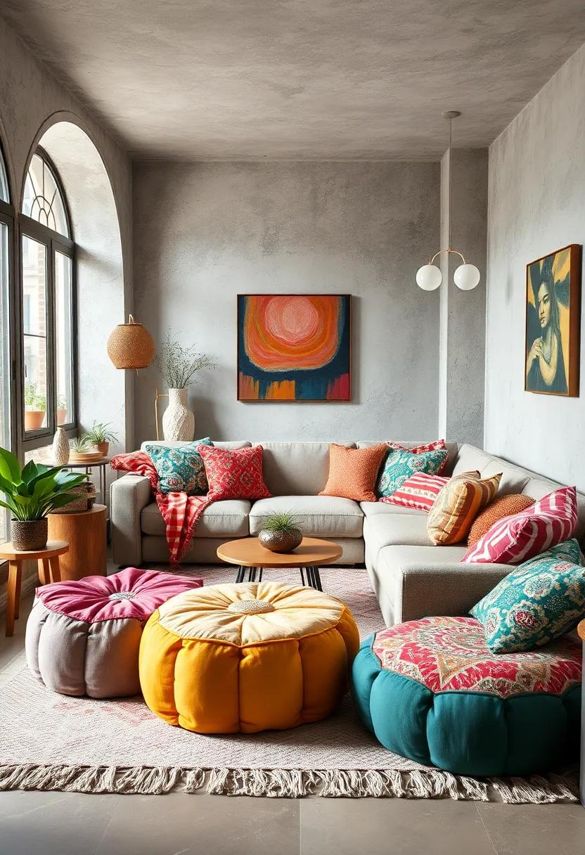 Colorful Throw ⁢Pillows and Poufs Arranged for Cozy Layers and‍ Playful Bohemian Energy