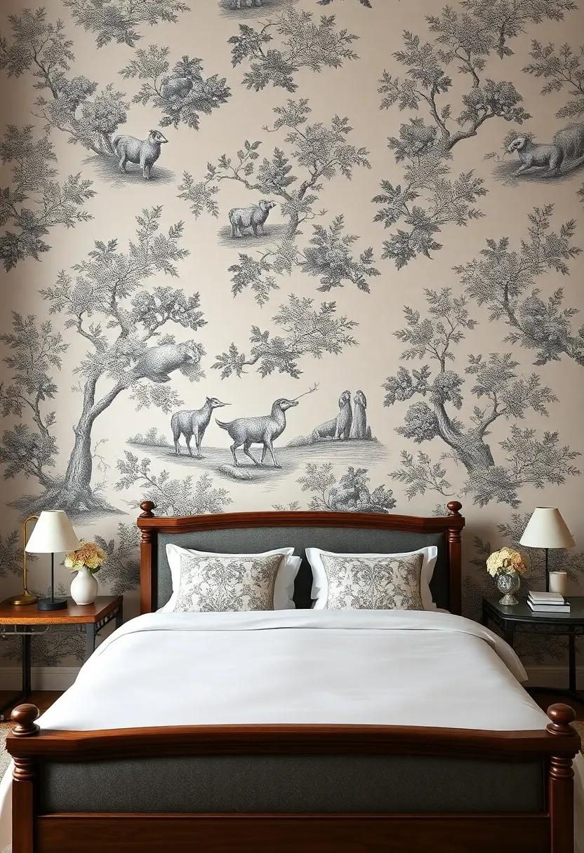 Classic Toile: Bring a touch of tradition to your bedroom with classic toile patterns depicting pastoral scenes and elegant motifs