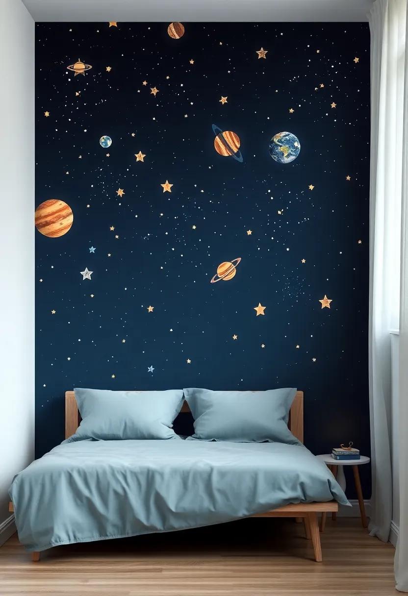 Starry Nights: Capture the beauty of the cosmos with celestial-themed wallpaper featuring stars, planets, and whimsical designs