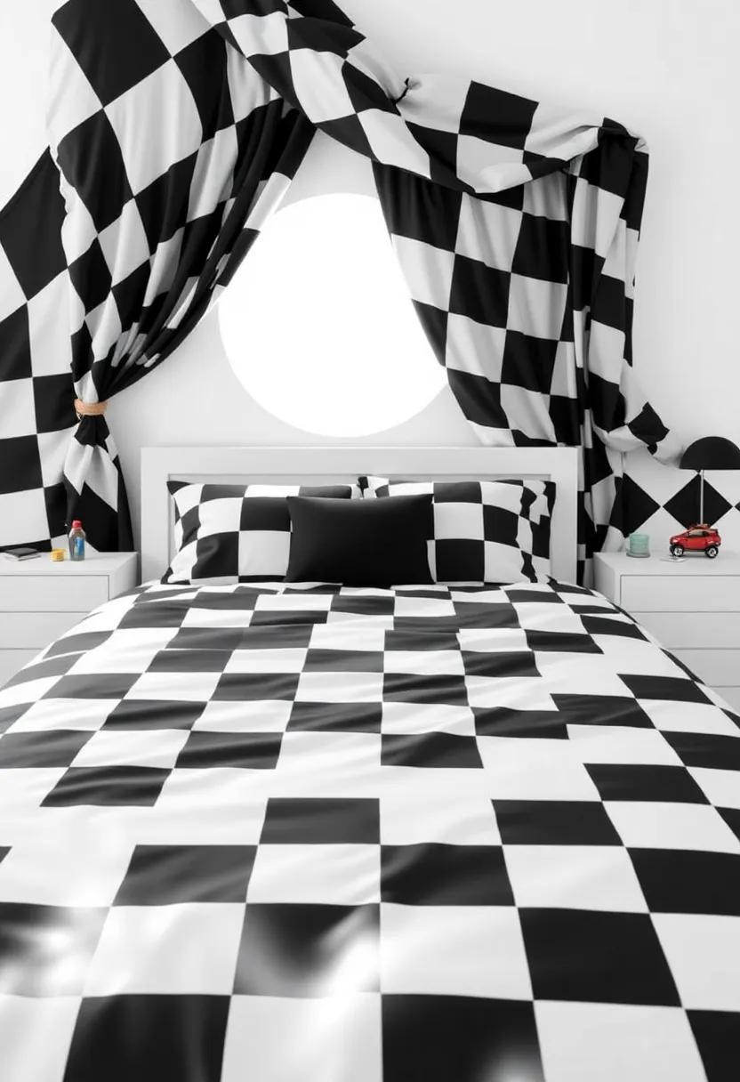 Checkered Flag Bedding: Opt for bedding with a black and white checkered print to​ evoke the excitement of a ⁢racing finish line