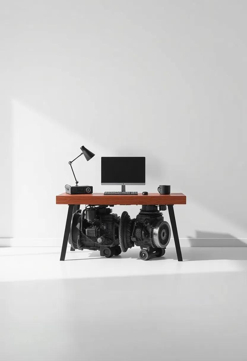 engine Block desk: ⁤Create ‌a ⁤desk from an ‍old engine‍ block for a rugged and unique workspace that inspires creativity