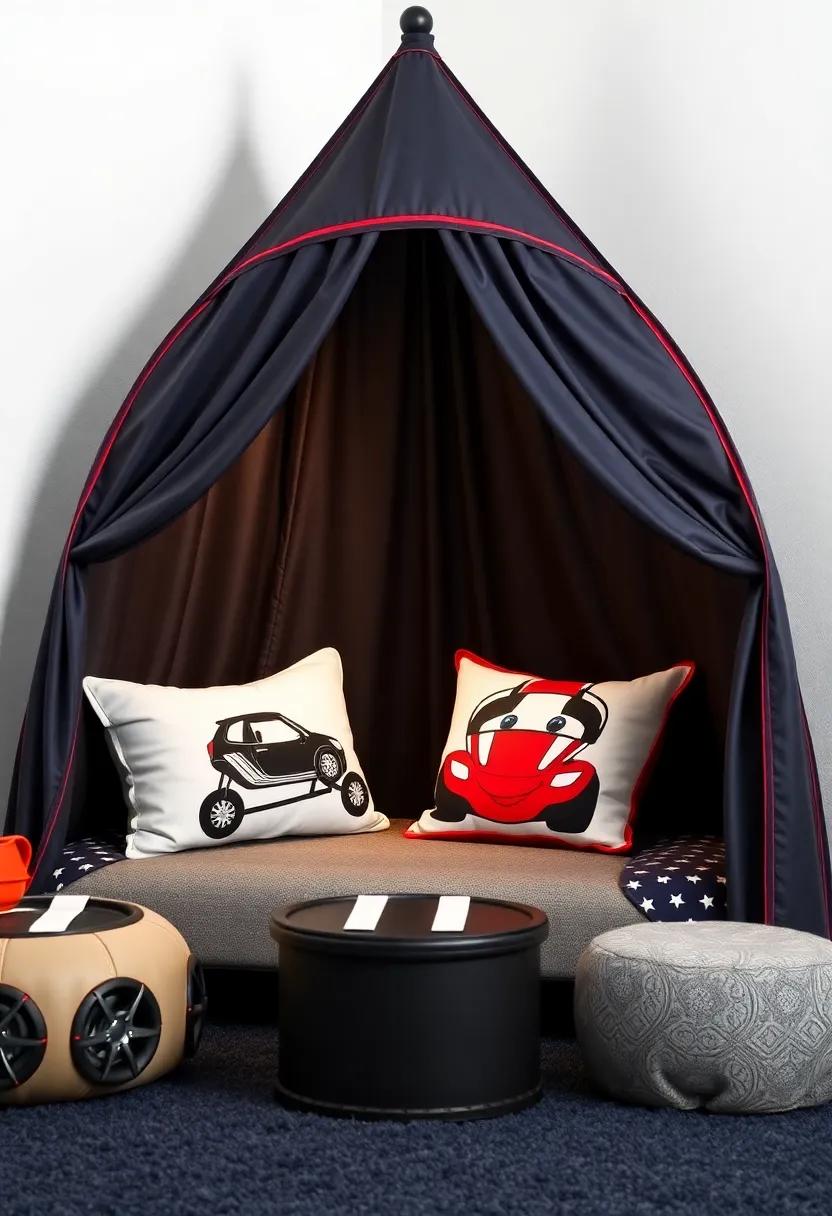 Pit Stop Reading Nook: Create a cozy corner with‍ car-themed cushions and a tent that resembles a pit stop, perfect for reading or relaxation