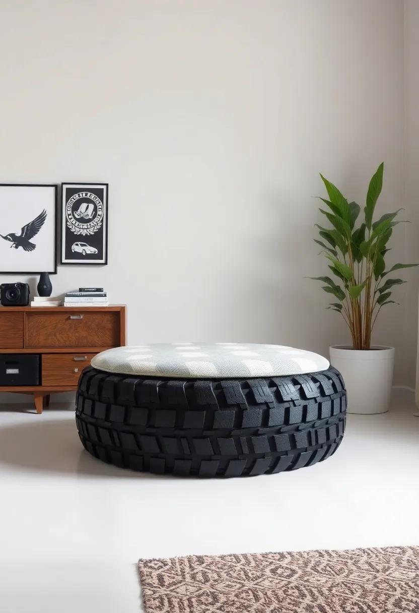 Tire Ottoman: Use old ‌tires covered in fabric to create a stylish and functional ottoman that showcases a love for cars