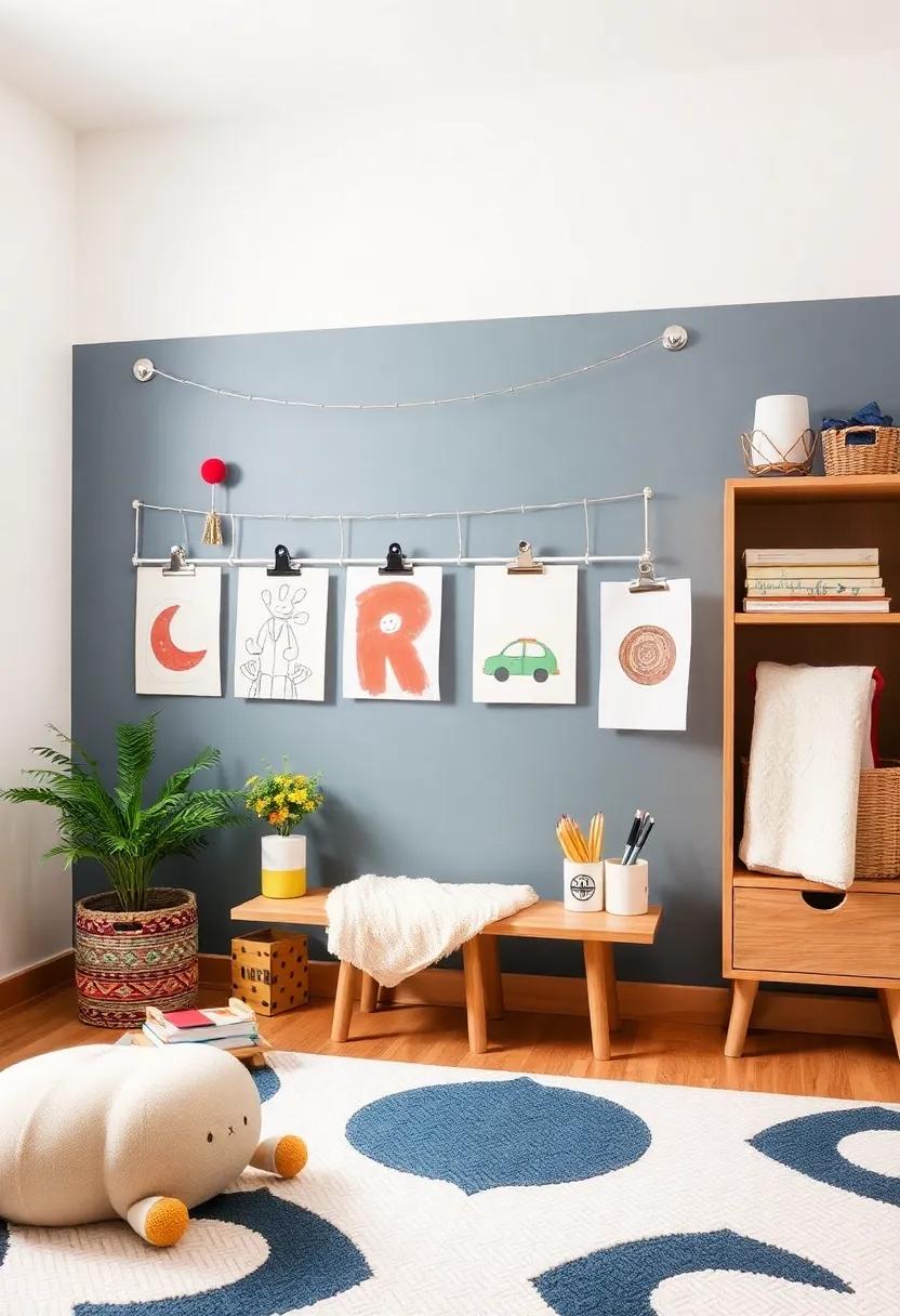 Add ‌a small art display⁣ area with clipboards or wire ‌to showcase their latest masterpieces, encouraging artistic growth
