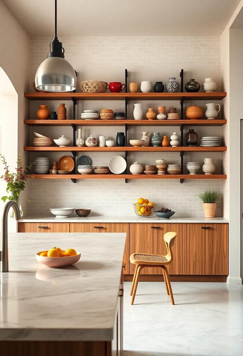 Open Shelving Displaying Curated Collections of Eclectic Ceramics and Glassware Adding Charm To ⁤Kitchen Decor