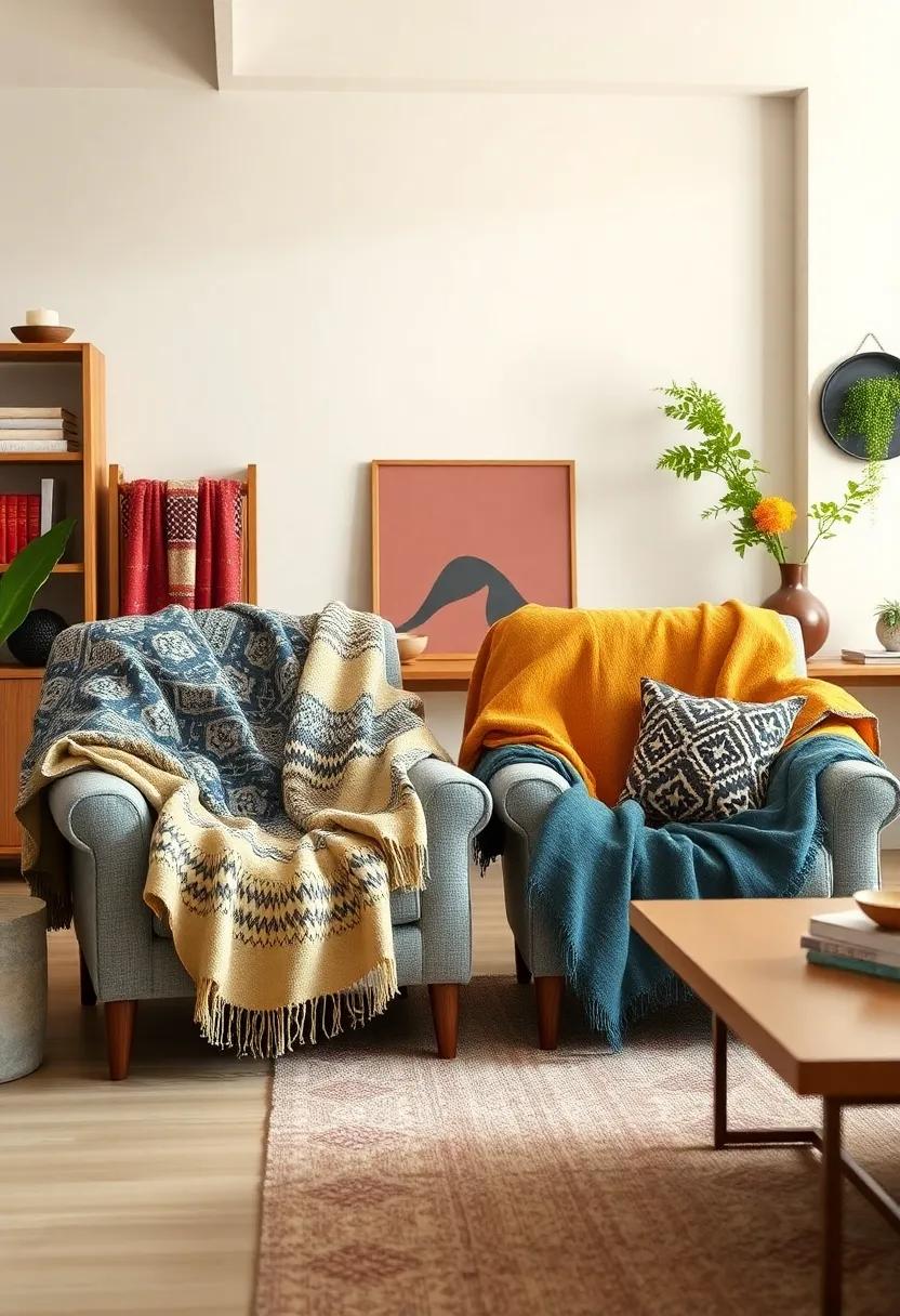 Eclectic⁣ Mix Of ⁣Throw ​Blankets In Various‌ Patterns and Materials ​draped Over ‌Armchairs For Cozy, Colorful ⁢Accents