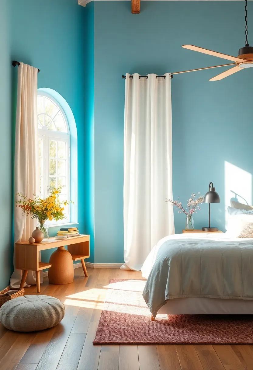 Soft Linen Curtains Draped Beside vibrant Wall Colors Bringing ⁢Serenity‍ And Light To ⁢Sun-Filled Bedrooms