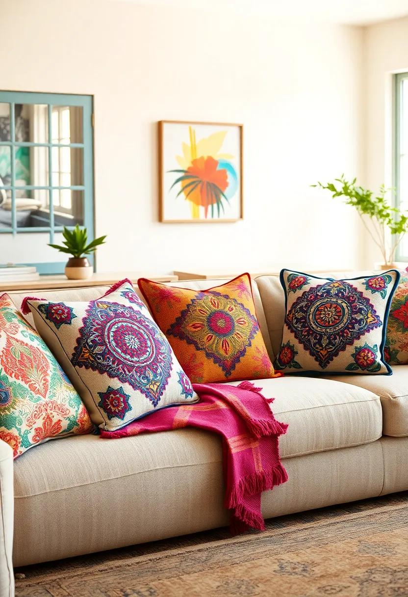 Bohemian Style Throw ⁣Pillows Featuring Intricate embroidery And Vibrant colors‍ On Neutral Sofas For ⁢Springtime​ Warmth