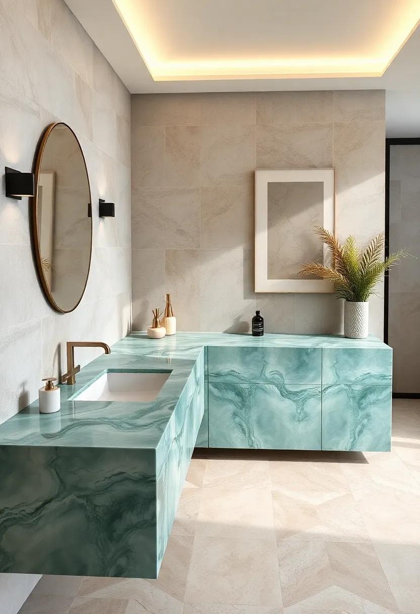 Flowing ⁣Veins of ⁢Blue-Green Marble⁢ Creating a Crystal⁣ Clear Tide Motif on Vanity‍ Tops