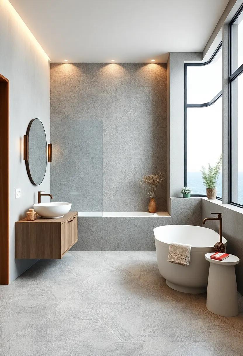 The Harmony of Textured Basalt and Smooth Porcelain Tiles in Modern Coastal Baths