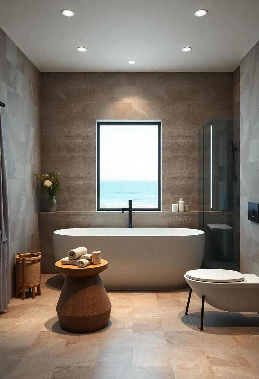 Muted Earth Tones ⁣of Basalt ⁣Fused With Soft Coastal⁢ Blues for a Balanced⁣ Bathroom⁣ Oasis