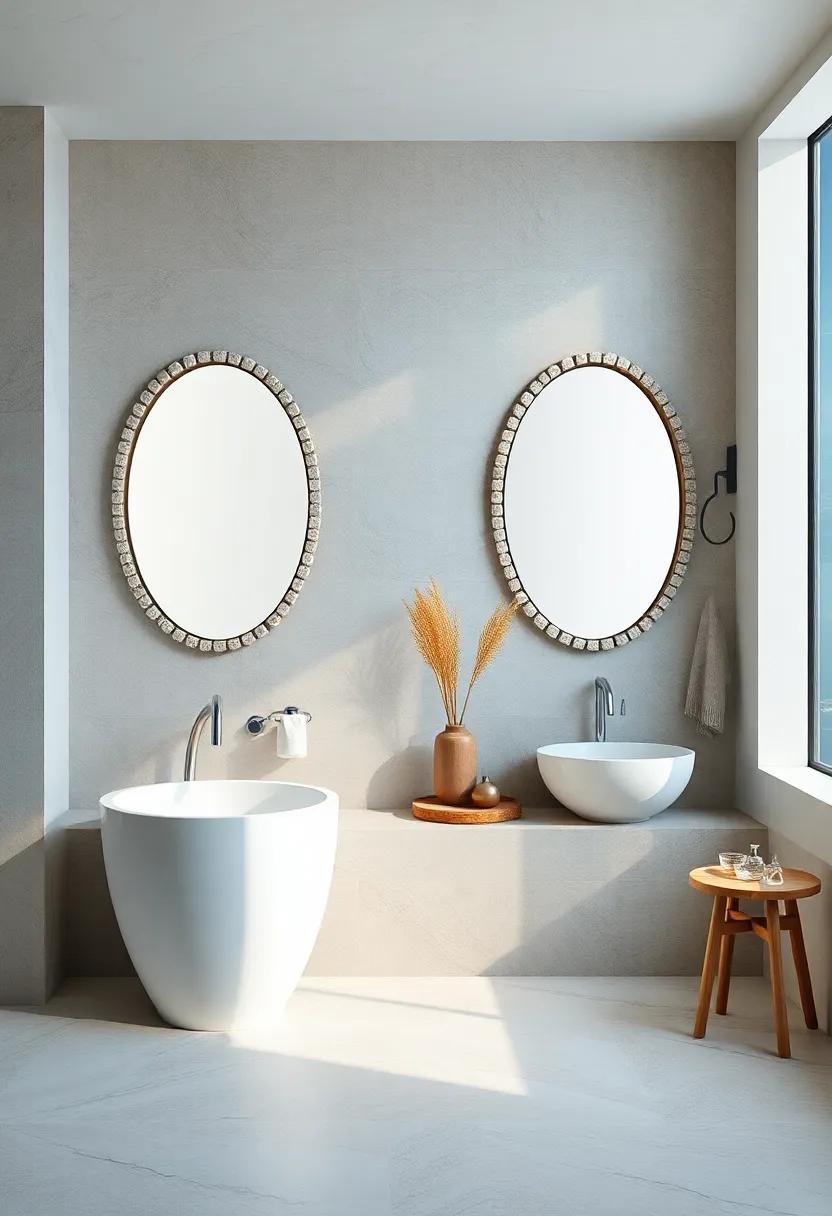 Natural Stone Insets Framing Oval Mirrors in Bathrooms With a Quiet ‌Oceanic Theme