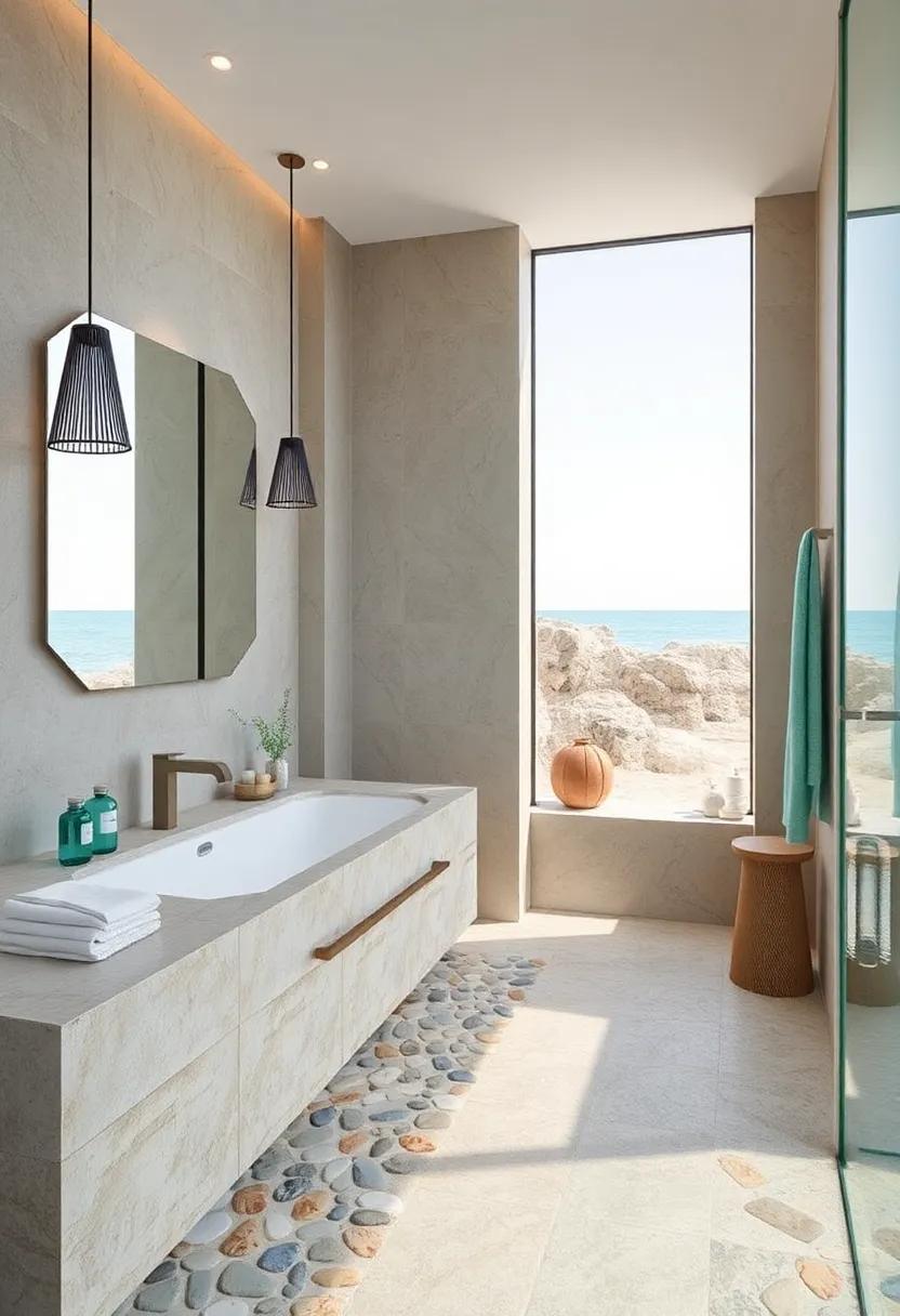 Rustic pebble Inlays Interwoven⁣ With Soft ‍Seafoam Greens to ⁢Celebrate Beachside ​Calm