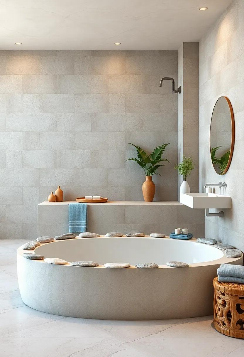 Smooth River Stones Embellishing ‍Bathtub Borders with Gentle, ⁤Natural Curves