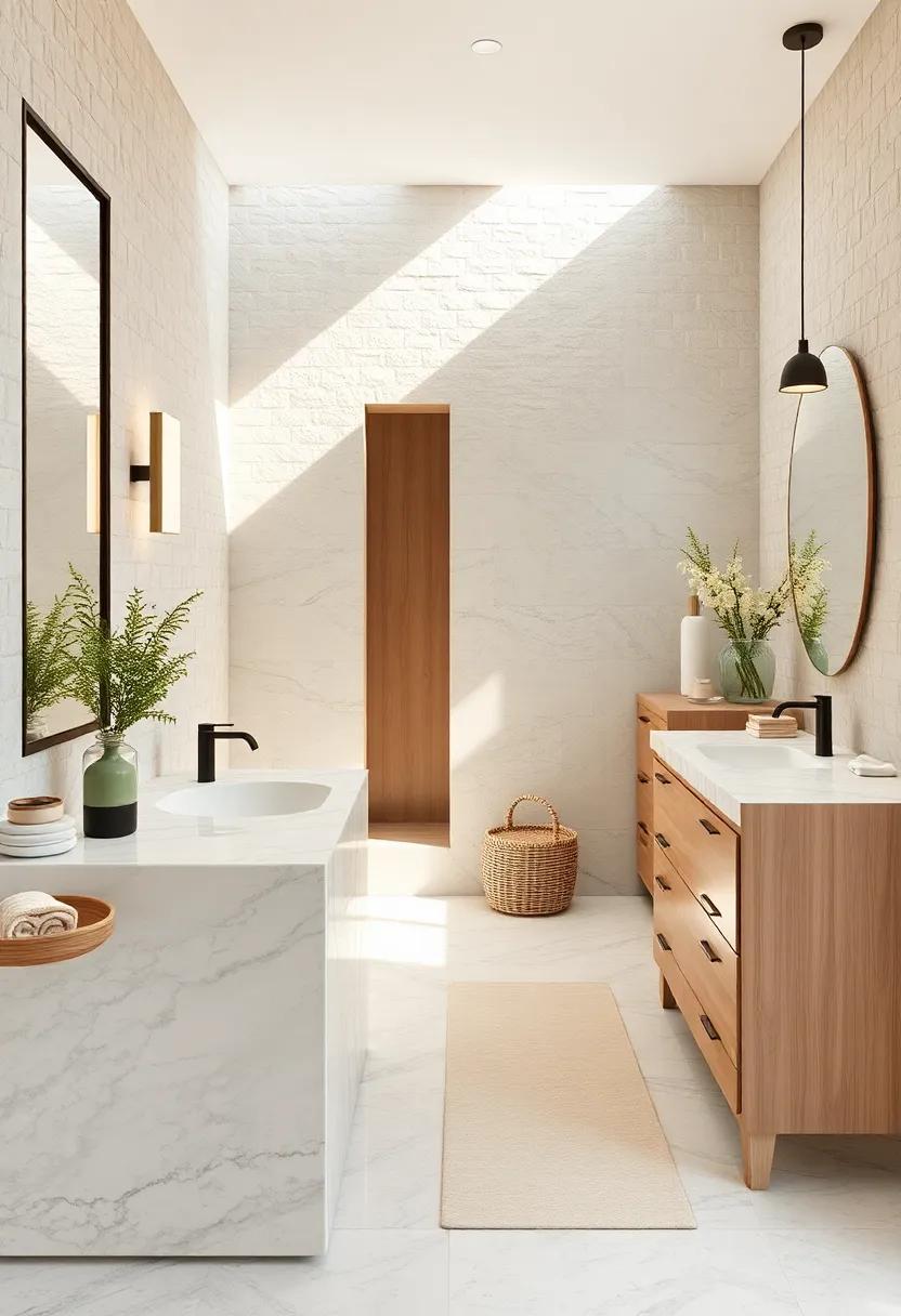 soft Driftwood-toned Marble Vanities Blending Warmth and Elegance in Seaside⁤ Bathrooms