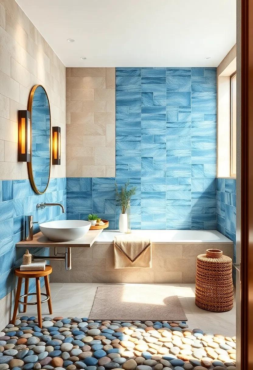 Sun-Kissed pebbled ⁤Accents Creating a Natural Mosaic Alongside Ocean Blue Tiles