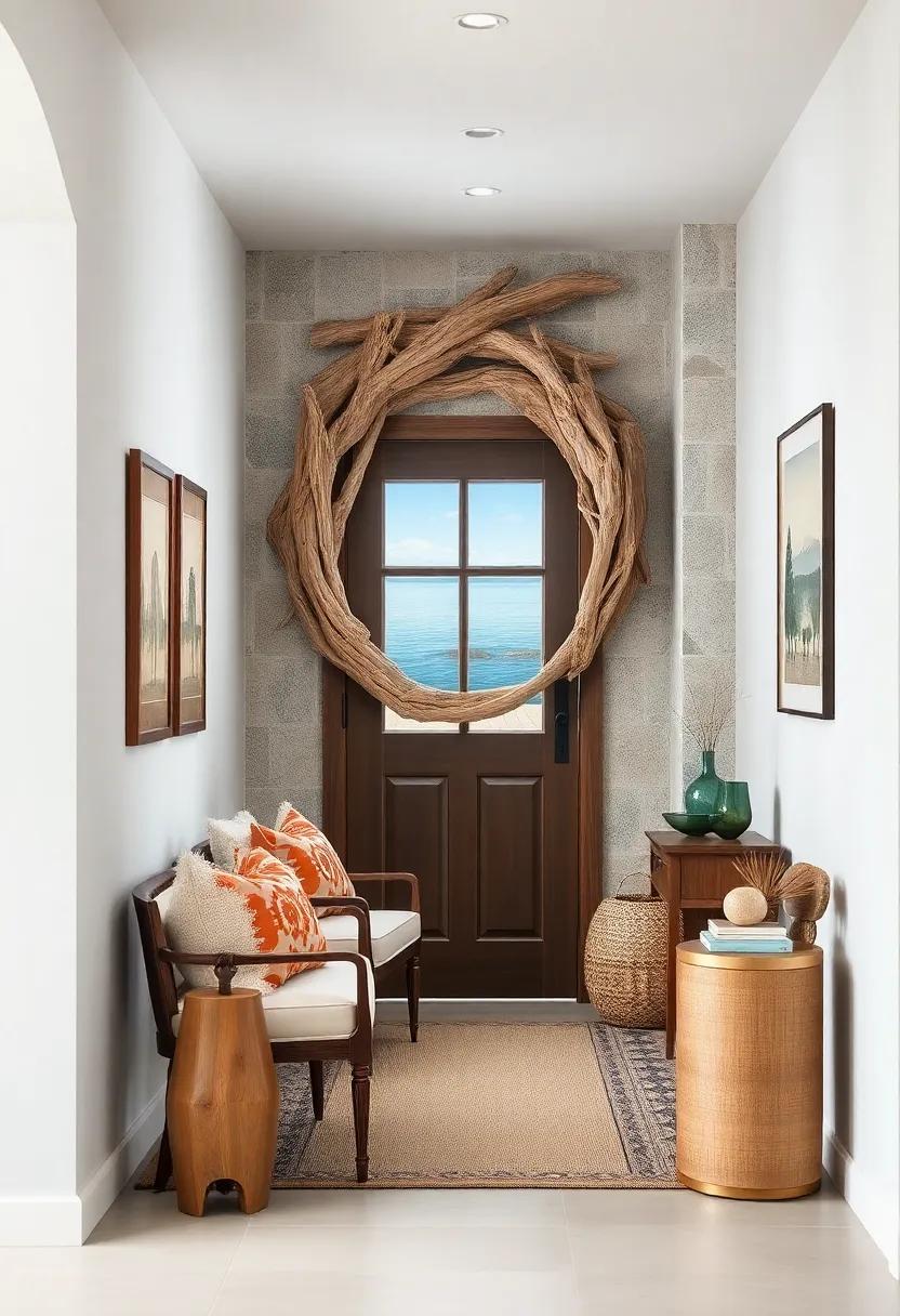 Driftwood Mirror Accent: A ‍large driftwood mirror near the door brings light ⁣and texture while reflecting the ocean vibe inside