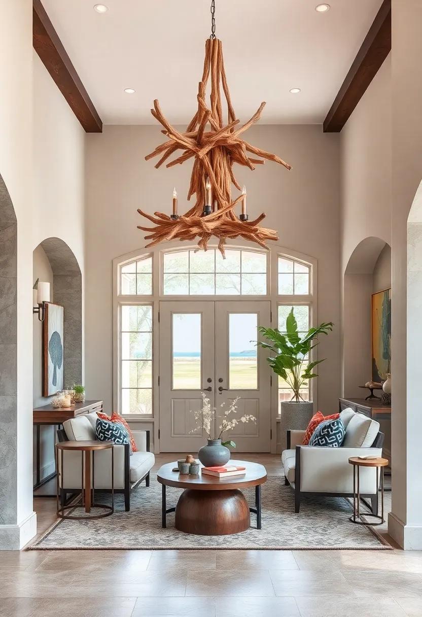 Driftwood Chandelier: A driftwood chandelier hanging in an entry vestibule introduces organic ⁣shapes and coastal character