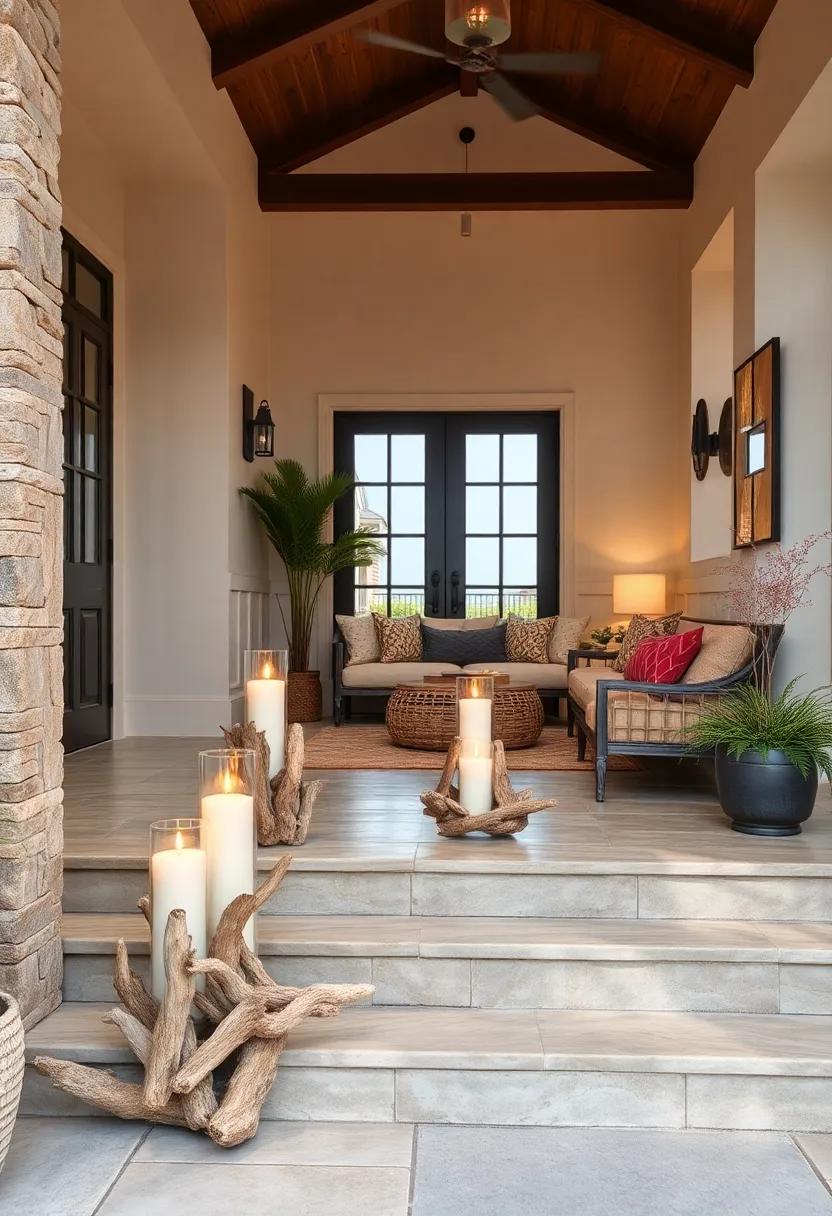Driftwood Candle Holders: Rustic driftwood ⁤candle holders‍ on entry steps create a warm,inviting atmosphere come evening