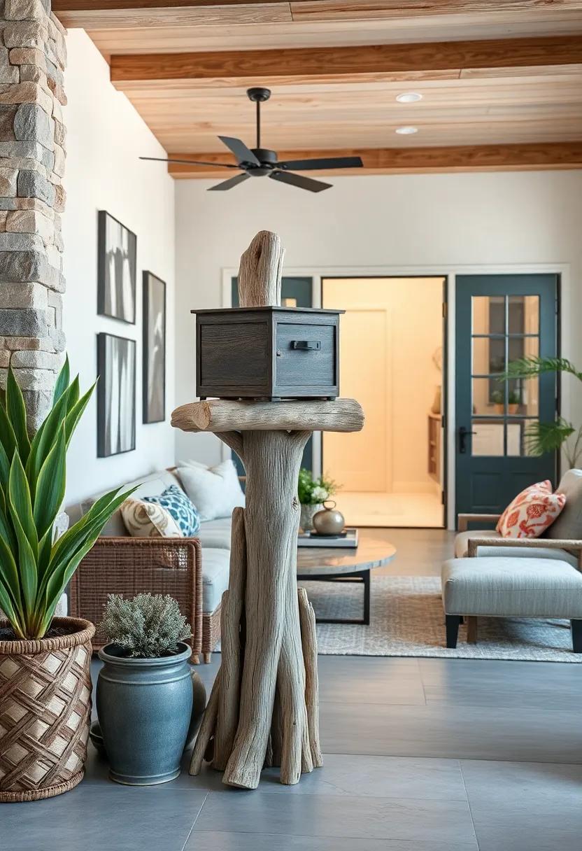 Driftwood Mailbox Post: A mailbox supported by driftwood logs integrates ⁣functional charm right at your coastal entryway