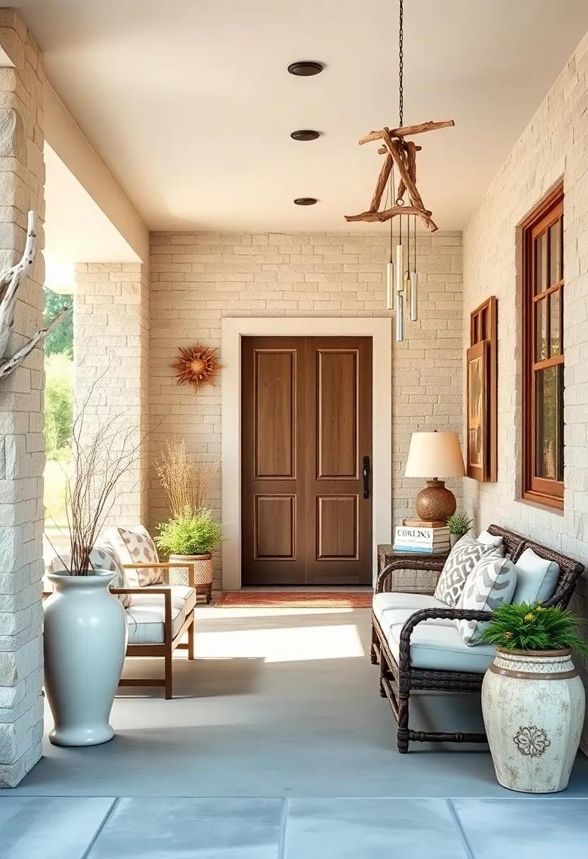 Driftwood‍ Wind⁤ Chime Entry: Hanging driftwood wind chimes on the porch add a ‌serene, melodic touch to your coastal doorway