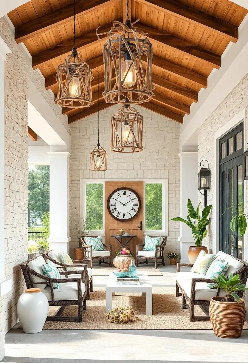 Driftwood Hanging Lanterns: Suspended driftwood lanterns adorn porch ceilings, blending light, wood, and sea breeze into one cohesive entry experience