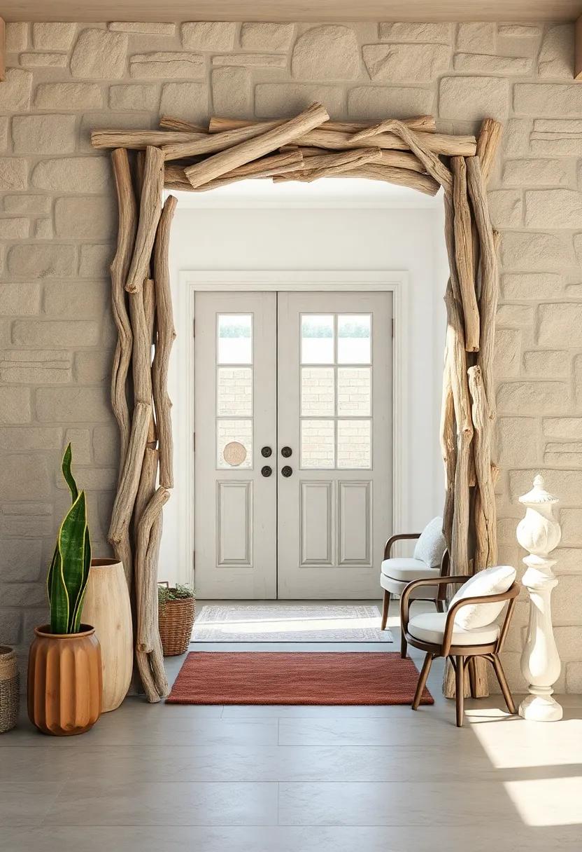 Nautical Driftwood Frame:⁢ Weathered driftwood pieces crafted into a square frame around the front door evoke seaside charm